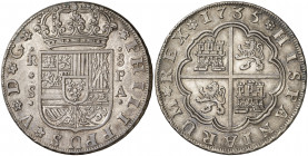 1735. Felipe V. Sevilla. PA. 8 reales. (AC. 1628). Mínima rayita en reverso. Atractiva. Parte de brillo original. Rara así. 26,82 g. EBC-.