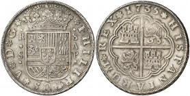 1735. Felipe V. Sevilla. AP. 8 reales. (AC. 1629). Muy rara, sólo hemos tenido tres ejemplares con el ensayador AP. 27 g. MBC+.
