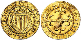 1703. Felipe V. Cagliari. 1 escudo de oro. (Vti. 50) (MIR. 93/3). Sirvió como joya. Escasa. 2,93 g. (MBC+).