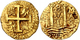 1718. Felipe V. Lima. M. 8 escudos. (AC. 2129) (Cal.Onza 261). L-8-M / P-V-A / 7-1-8. Visible parte del nombre y ordinal del rey. Rara. 26,91 g. MBC+.