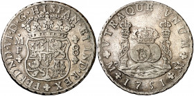 1751. Fernando VI. México. MF. 8 reales. (AC. 475). Columnario. Golpecitos. 26,75 g. MBC/MBC-.