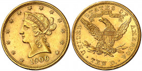 Estados Unidos. 1900. Filadelfia. 10 dólares. (Fr. 158) (Kr. 102). Leves marquitas. Bonito color. AU. 16,70 g. EBC+.