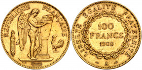 Francia. 1908. III República. A (París). 100 francos. (Fr. 590) (Kr. 858). Leves rayitas. AU. 32,23 g. MBC+.