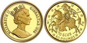 Gibraltar. 1992. Isabel II. 70 ecus / 50 libras. (Fr. 14) (Kr. 339). Acuñación de 1000 ejemplares. AU. 6,24 g. Proof.