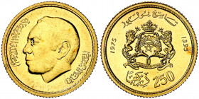 Marruecos. AH 1395/1975. Al-Hassan II. 250 dirhams. (Fr. 6) (Kr. 66). AU. 6,54 g. S/C-.