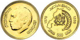 Marruecos. AH 1399/1979. Al-Hassan II. 500 dirhams. (Fr. 7) (Kr. 71). Leves rayitas. Escasa. AU. 13,07 g. EBC.