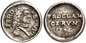 1746. Fernando VI. Girona. Medalla de Proclamación. (Ha. 9) (V. falta) (V.Q. 12949)(Cru.Medalles 215) Escasa. Plata fundida. 1,70 g. Ø15 mm. (MBC).