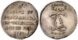 1789. Carlos IV. Valencia. Medalla de Proclamación. (Ha. 109) (Cru.Medalles 247) (Boada 47). Impurezas. Bella. Plata. 2,03 g. Ø18 mm. EBC.