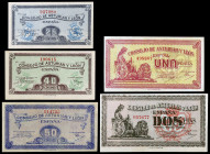 1937. Asturias y León. 25, 40, 50 céntimos, 1 y 2 pesetas. (Ed. C45 a C49) (Ed. 394 a 398). 5 billetes, serie completa. Raros así. S/C-/S/C.