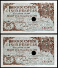 1936. Burgos. 5 pesetas. (Ed. D18n) (Ed. 417). 21 de Noviembre. Pareja correlativa. Taladro central. Cuatro puntos de aguja. Muy raros. EBC+.