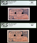 1936. Burgos. 10 pesetas. (Ed. D19na var) (Ed. 418T). 21 de noviembre. Pareja correlativa con dos taladros, numeración sin serie. Certificados por la ...
