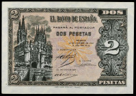 1937. Burgos. 2 pesetas. (Ed. D27a) (Ed. 426a). 12 de octubre. Serie B. Una esquina rozada. Manchita. Raro. S/C-.