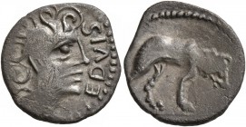 CELTIC, Central Gaul. Aedui. Circa 80-50 BC. Quinarius (Silver, 15 mm, 1.45 g, 12 h), Bibracte, area of the Mont-Beuvray. EDVIS Male head to right, wi...