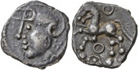 CELTIC, Central Gaul. Aedui. Circa 80-50 BC. Quinarius (Silver, 15 mm, 1.84 g, 3 h). Celticized head of Roma to left. Rev. Horse springing left; in fi...
