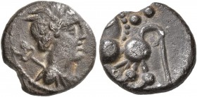 CELTIC, Central Gaul. Uncertain tribe. Mid 1st century BC. Quinarius (Silver, 12 mm, 1.40 g, 3 h). Draped bust of Mercury to right, wearing winged dia...