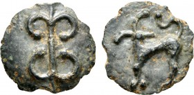 CELTIC, Central Europe. Helvetii. Early 1st century BC. Cast unit (Potin, 17 mm, 3.05 g), Zürcher type. Thunderbolt. Rev. Mountain goat standing left,...