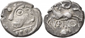 CELTIC, Central Europe. Helvetii. Circa 75/50-25 BC. Quinarius (Silver, 15 mm, 1.80 g, 12 h), Vatico. Celticized bust to left, wearing torque with fou...
