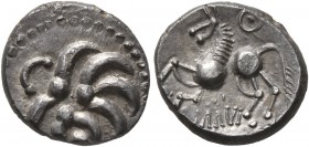 CELTIC, Central Europe. Helvetii. Mid 1st century BC. Quinarius (Silver, 13 mm, 1.68 g). Head devolved into a whirl. Rev. IΛΛVI Horse prancing left; a...