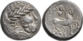 CELTIC, Carpathian region. Uncertain tribe. Circa 2nd century BC. Tetradrachm (Silver, 22 mm, 13.56 g, 8 h), 'Y auf Postament' type, imitating Audoleo...