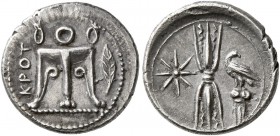 BRUTTIUM. Kroton. Circa 400-350 BC. Triobol (Silver, 13 mm, 1.10 g, 11 h). KPOT Tripod with lion's feet; to right, olive sprig. Rev. Upright thunderbo...