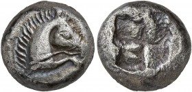 THRACO-MACEDONIAN REGION. Uncertain. Late 6th century BC. Tetrobol (Silver, 13 mm, 4.22 g), Aeginetan standard. Forepart of a bridled horse to right. ...