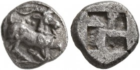 THRACO-MACEDONIAN REGION. Uncertain. Circa 480-450 BC. Trihemiobol (Silver, 9 mm, 0.93 g). He-goat in running/kneeling position to right; above, two p...