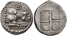 MACEDON. Akanthos. Circa 500-480 BC. Tetrobol (Silver, 14 mm, 2.25 g). Forepart of a lioness to right, head seen from above; above, rosette. Rev. Quad...
