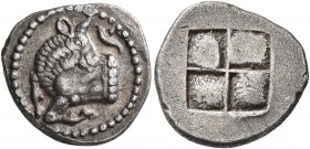 MACEDON. Akanthos. Circa 500-480 BC. Tetrobol (Silver, 15 mm, 2.53 g). Forepart of a bull to left, head right; to right above, acanthus flower. Rev. Q...