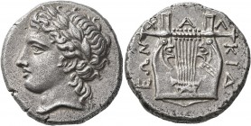 MACEDON, Chalkidian League. Circa 392-383 BC. Tetradrachm (Silver, 24 mm, 14.19 g, 6 h), Olynthos. Laureate head of Apollo to left. Rev. XAΛ-KIΔ-EΩN K...