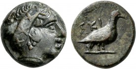 MACEDON. Skione. Circa 400-350 BC. Chalkous (Bronze, 10 mm, 1.67 g, 12 h). Female head to right, wearing sphendone decorated with three X-shaped ornam...