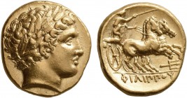 KINGS OF MACEDON. Philip II, 359-336 BC. Stater (Gold, 17 mm, 8.57 g, 12 h), Pella, struck under Philip II or Alexander III, circa 340-328. Laureate h...