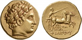 KINGS OF MACEDON. Philip II, 359-336 BC. Stater (Gold, 19 mm, 8.61 g, 9 h), Pella, struck by Antipater, Polyperchon or Kassander, 323-315. Laureate he...