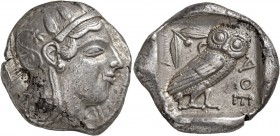 ATTICA. Athens. Circa 455-449 BC. Tetradrachm (Silver, 26 mm, 17.14 g, 10 h), transitional issue. Head of Athena to right, wearing crested Attic helme...