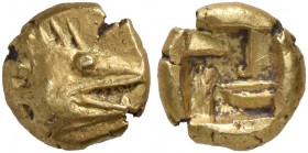 MYSIA. Kyzikos. Circa 600-550 BC. Myshemihekte – 1/24 Stater (Electrum, 6 mm, 0.64 g). Head of a tunny to right; to left, two pellets. Rev. Swastika p...