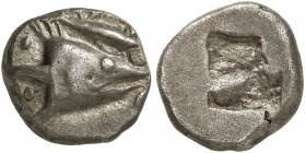 MYSIA. Kyzikos. Circa 600-550 BC. Trihemiobol (?) (Silver, 9 mm, 1.12 g). Head of a tunny to right; above, tunny right; to left, two pellets. Rev. Rou...