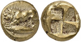 MYSIA. Kyzikos. Circa 500-450 BC. Hekte (Electrum, 10 mm, 2.66 g). Lion at bay to left, head forward, standing on tunny left. Rev. Quadripartite incus...
