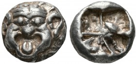 MYSIA. Parion. 5th century BC. Drachm (Silver, 13 mm, 3.98 g). Facing gorgoneion with large ears and protruding tongue. Rev. Irregular pattern within ...
