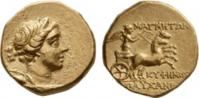 IONIA. Magnesia ad Maeandrum. Circa 130-120 BC. Stater (Gold, 17 mm, 8.46 g, 12 h), Euphemos, son of Pausanias. Draped bust of Artemis to right, weari...