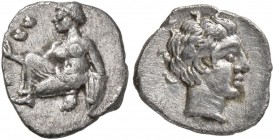 CILICIA. Tarsos. Tiribazos, satrap of Lydia, 388-380 BC. Obol (Silver, 10 mm, 0.44 g, 9 h). Female kneeling left, casting astragaloi. Rev. Head of you...