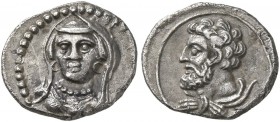 CILICIA. Uncertain. 4th century BC. Obol (Silver, 11 mm, 0.71 g, 6 h). Veiled and draped bust of female facing slightly to left, wearing earrings and ...