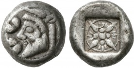 KYRENAICA. Kyrene. Circa 500-480 BC. Drachm (Silver, 13 mm, 4.27 g), Attic standard. Head of a river-god, as a man-headed bull, to left; before to lef...