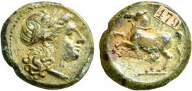 Anonymous, circa 234-231. Unit (Bronze, 17 mm, 3.02 g, 6 h). Laureate head of Apollo to right. Rev. ROMA Bridled horse prancing left. Crawford 26/3. R...