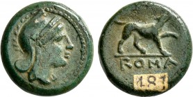 Anonymous, circa 234-231. 1/2 Unit (Bronze, 13 mm, 1.77 g, 12 h). Head of Roma to right, wearing Phrygian helmet. Rev. ROMA Dog advancing right, raisi...