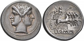 Anonymous, circa 225-214 BC. Quadrigatus - Didrachm (Silver, 23 mm, 6.64 g, 6 h), uncertain mint. Laureate head of Janus. Rev. ROMA (incuse on raised ...