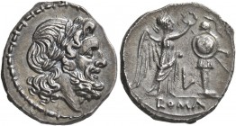 Anonymous, 214-212 BC. Victoriatus (Silver, 17 mm, 2.87 g, 11 h), L series, Luceria. Laureate head of Jupiter to right. Rev. L / ROMA Victory standing...