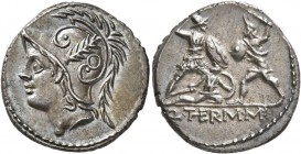 Q. Thermus M.f, 103 BC. Denarius (Silver, 19 mm, 3.90 g, 12 h), Rome. Helmeted head of Mars to left. Rev. Q• TH ERM• M F Two warriors fighting, each a...