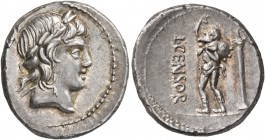 L. Censorinus, 82 BC. Denarius (Silver, 19 mm, 3.98 g, 6 h), Rome. Laureate head of Apollo to right. Rev. L•CENSOR Marsyas, bald-headed, advancing lef...