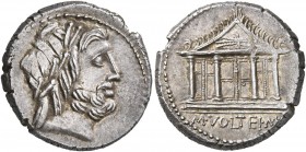 M. Volteius M.f, 78 BC. Denarius (Silver, 19 mm, 4.00 g, 12 h), Rome. Laureate head of Jupiter to right. Rev. M•VOLTEI•M•F Tetrastyle temple of Jupite...
