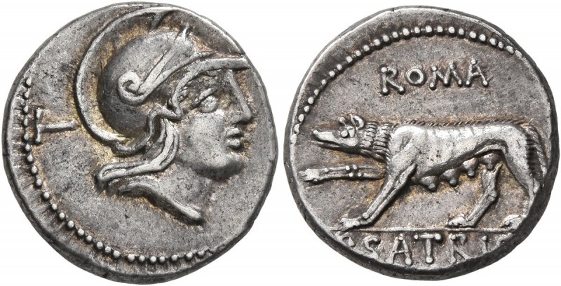 P. Satrienus, 77 BC. Denarius (Silver, 18 mm, 3.52 g, 6 h), Rome. T Helmeted hea...