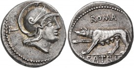 P. Satrienus, 77 BC. Denarius (Silver, 18 mm, 3.52 g, 6 h), Rome. T Helmeted head of Roma to right. Rev. ROMA / P•SATRIE/[NVS] She-wolf advancing left...